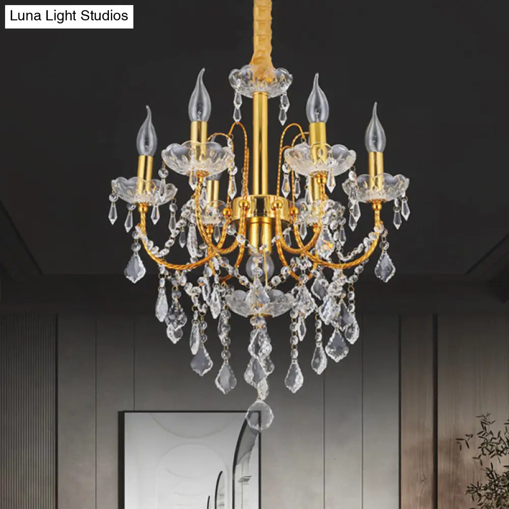 Traditional Gold Metal Candelabra Chandelier With Swag Crystal Strand Deco - Dining Room Hanging