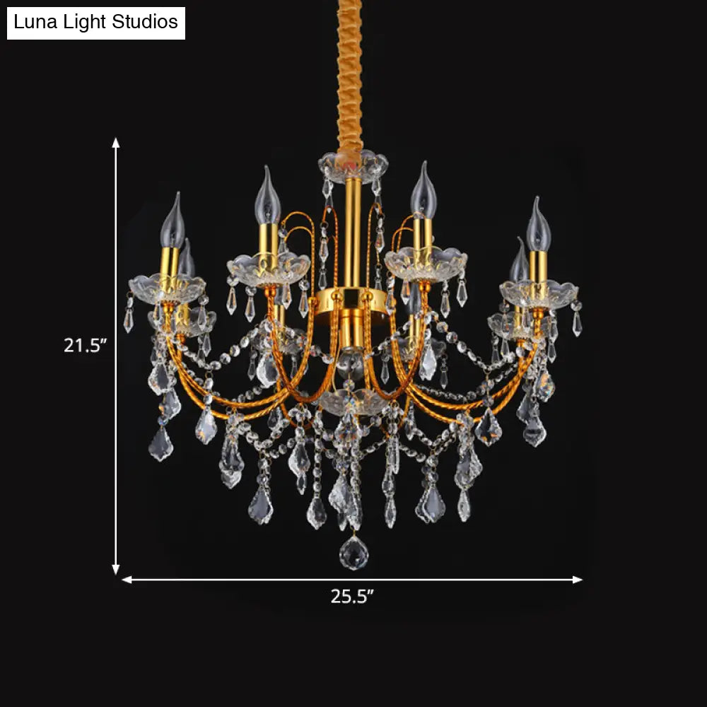 Swag Crystal Strand Candelabra Chandelier - Traditional Metal 5/7/9 Bulbs Gold Hanging Light For