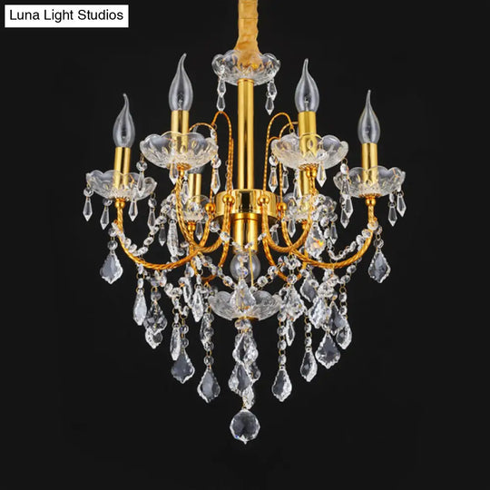 Traditional Gold Metal Candelabra Chandelier With Swag Crystal Strand Deco - Dining Room Hanging