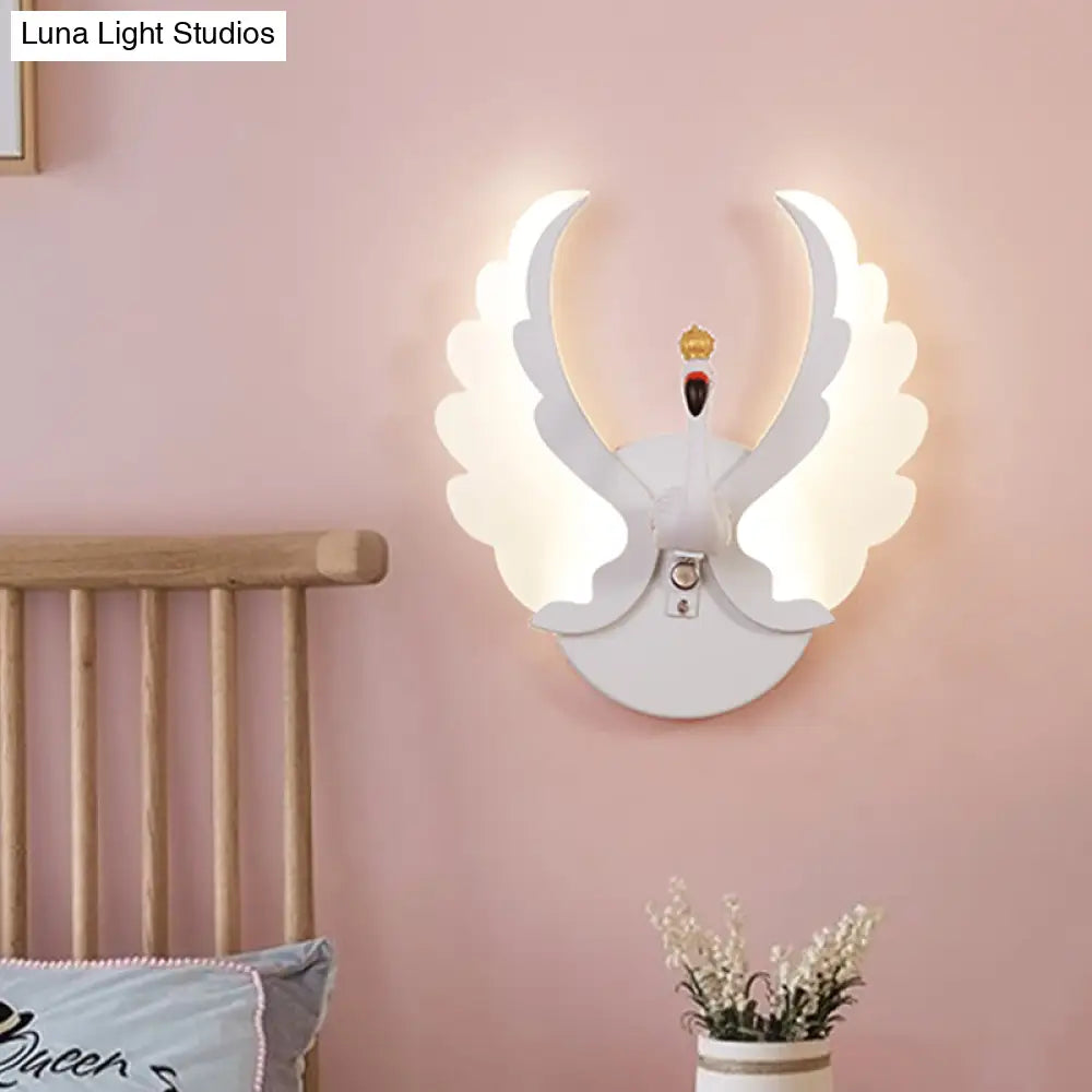 Swan Iron Wall Light Sconce - Cartoon White/Pink Led Lamp Fixture With Acrylic Wing & White/Warm