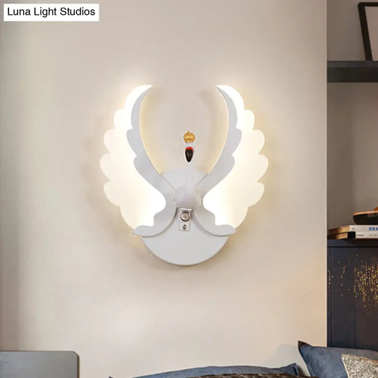 Swan Iron Wall Light Sconce - Cartoon White/Pink Led Lamp Fixture With Acrylic Wing & White/Warm