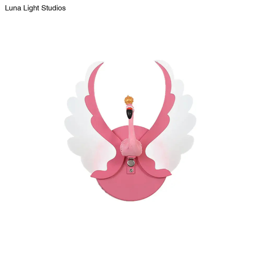 Swan Iron Wall Light Sconce - Cartoon White/Pink Led Lamp Fixture With Acrylic Wing & White/Warm