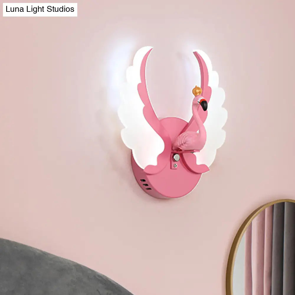 Swan Iron Wall Light Sconce - Cartoon White/Pink Led Lamp Fixture With Acrylic Wing & White/Warm