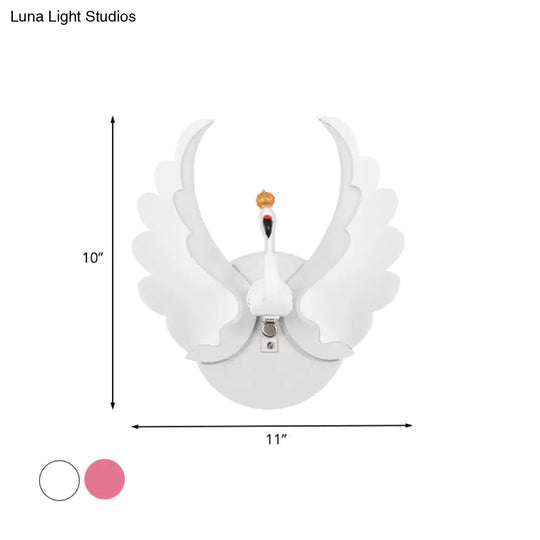 Swan Iron Wall Light Sconce - Cartoon White/Pink Led Lamp Fixture With Acrylic Wing & White/Warm