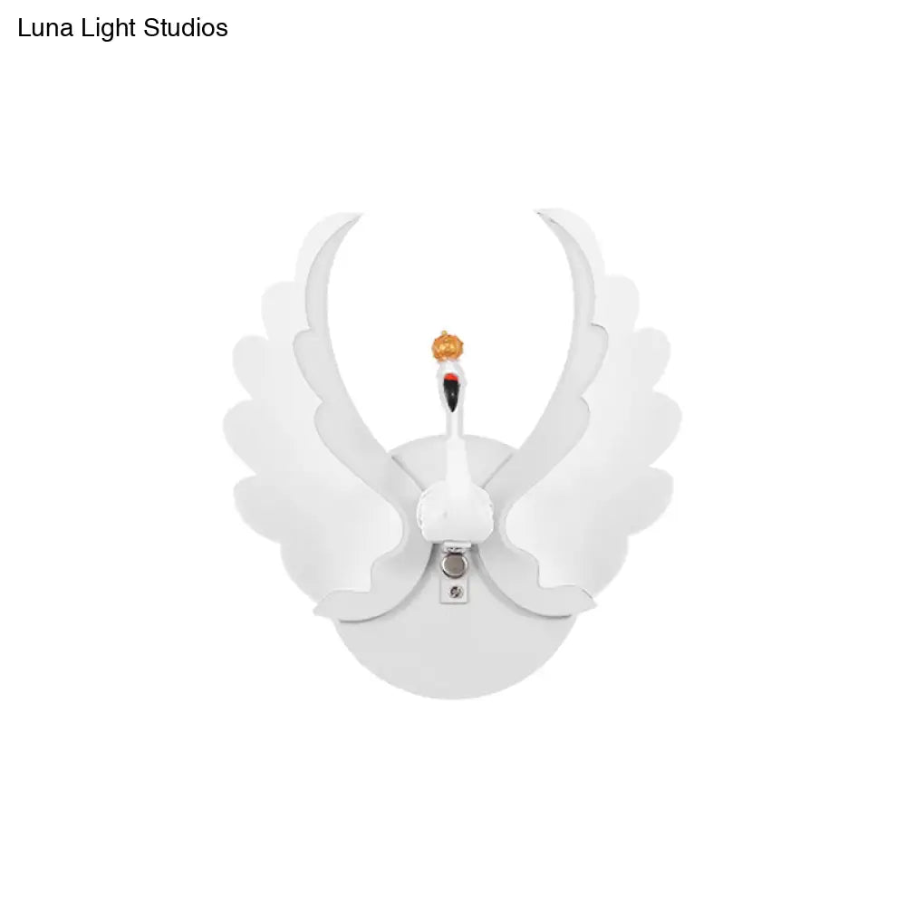 Swan Iron Wall Light Sconce - Cartoon White/Pink Led Lamp Fixture With Acrylic Wing & White/Warm