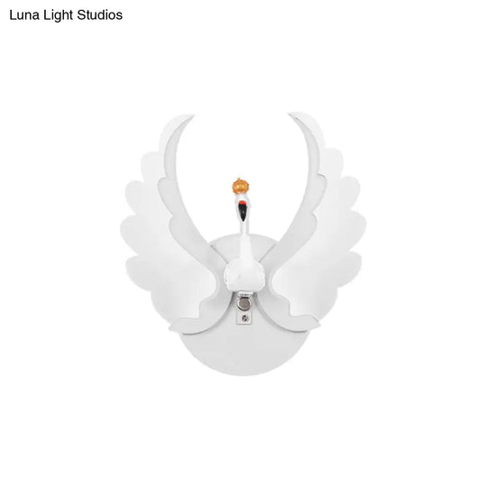 Swan Iron Wall Light Sconce - Cartoon White/Pink Led Lamp Fixture With Acrylic Wing & White/Warm