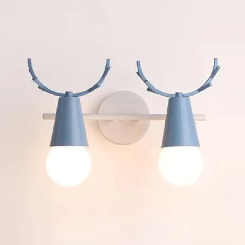 Sweet Cone Child Bedroom Wall Light: Nordic Metal Lamp With Antlers Blue