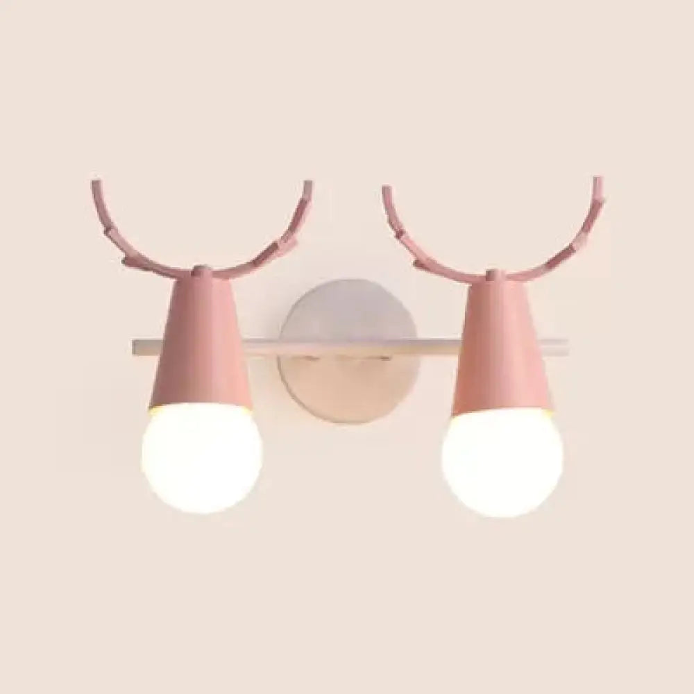 Sweet Cone Child Bedroom Wall Light: Nordic Metal Lamp With Antlers Pink