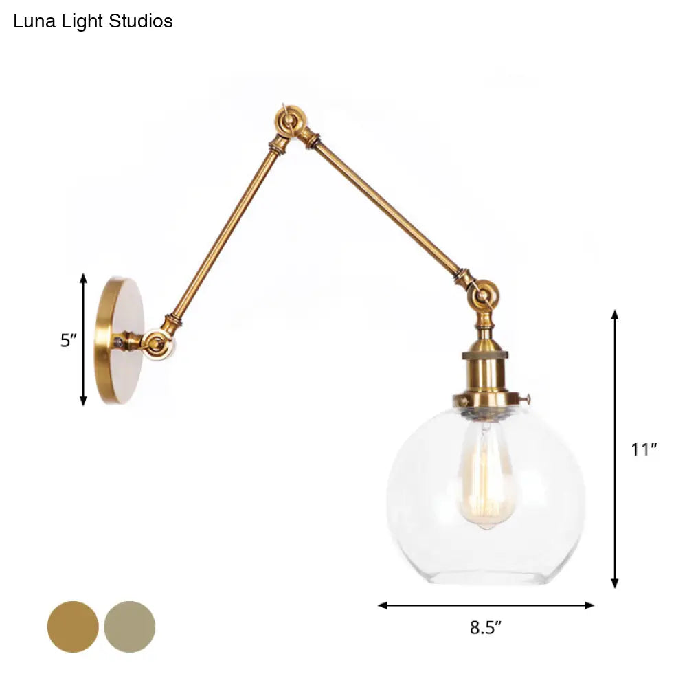 Swing Arm Clear Glass Wall Light Fixture With Brass/Bronze Finish - 1-Light Task Lamp Bell/Ball