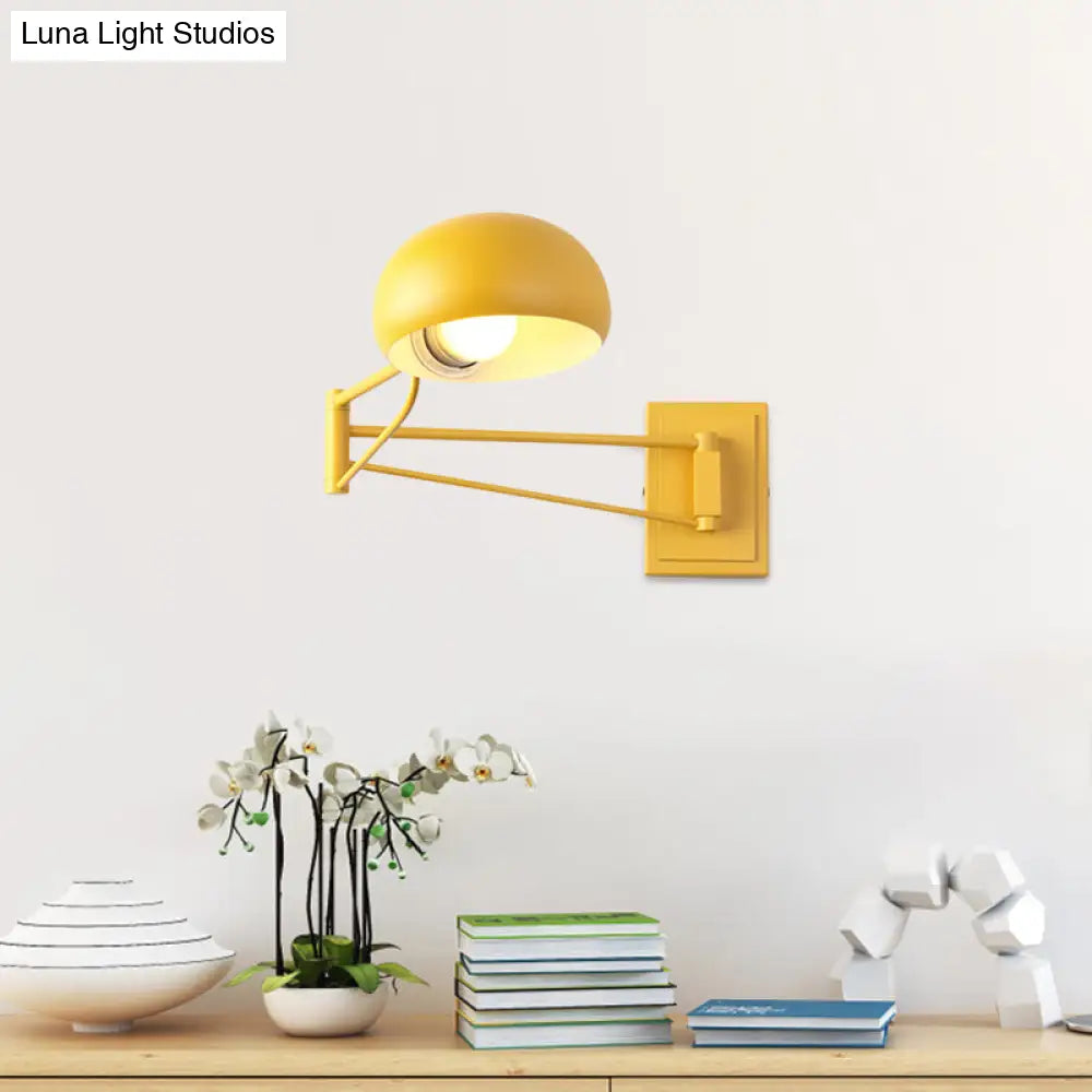 Swing Arm Macaron Dome Wall Light Fixture - Iron 1 Bulb Study Room Lamp In Yellow/Blue/Green