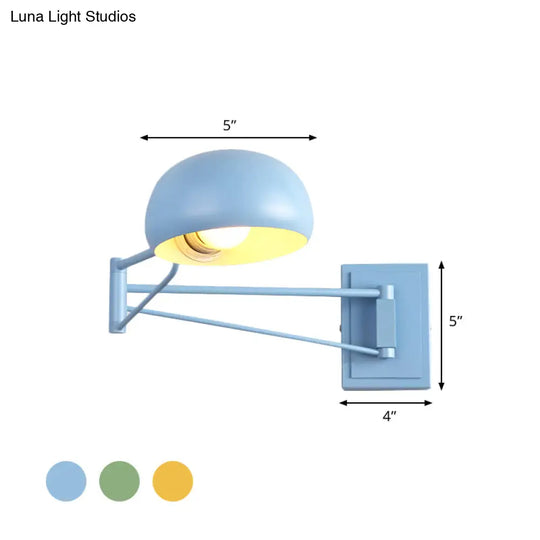 Swing Arm Macaron Dome Wall Light Fixture - Iron 1 Bulb Study Room Lamp In Yellow/Blue/Green