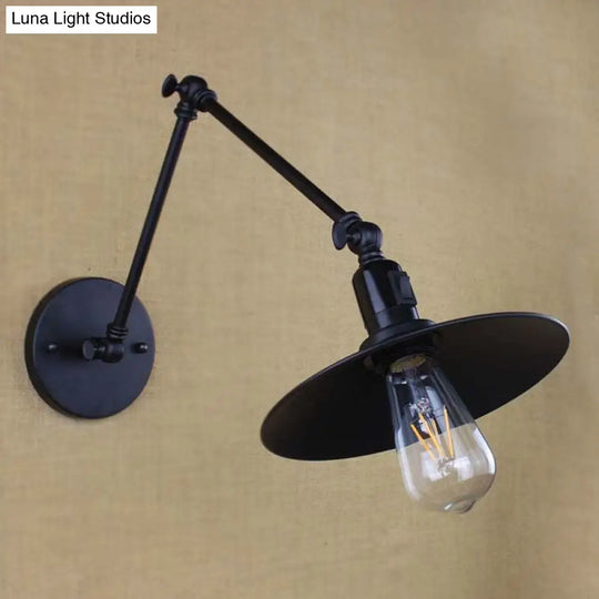 Swing Arm Metal Wall Sconce With Saucer Shade - Black/White 1 Light Fixture For Living Room