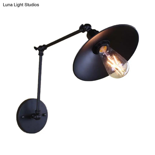 Swing Arm Metal Wall Sconce With Saucer Shade - Black/White 1 Light Fixture For Living Room