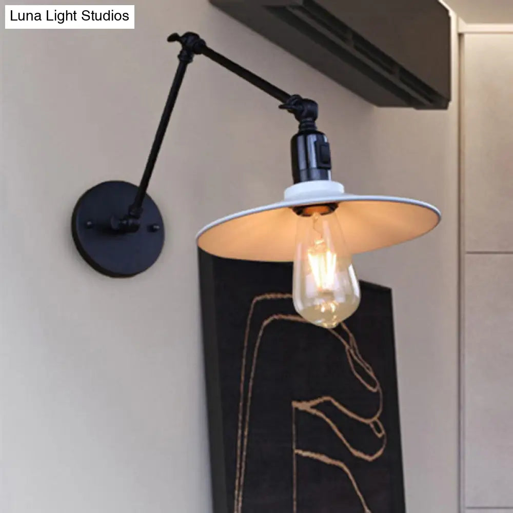 Swing Arm Metal Wall Sconce With Saucer Shade - Black/White 1 Light Fixture For Living Room