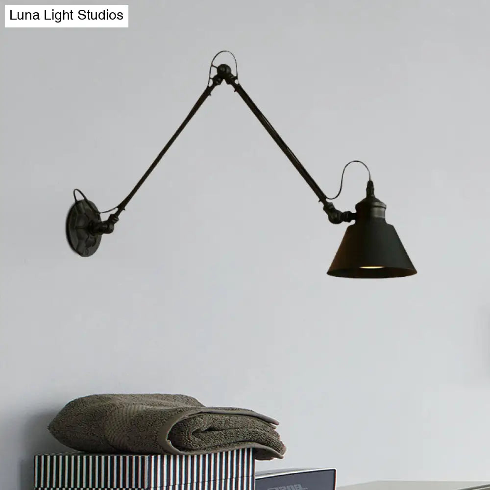 Swing Arm Retro Style Wall Lamp For Study Room - Conic Mount Fixture Black/Chrome Metal Design