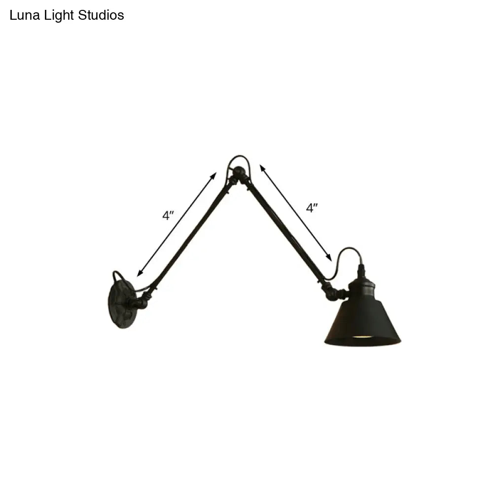 Swing Arm Retro Style Wall Lamp For Study Room - Conic Mount Fixture Black/Chrome Metal Design