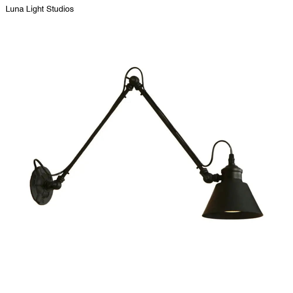 Swing Arm Retro Style Wall Lamp For Study Room - Conic Mount Fixture Black/Chrome Metal Design