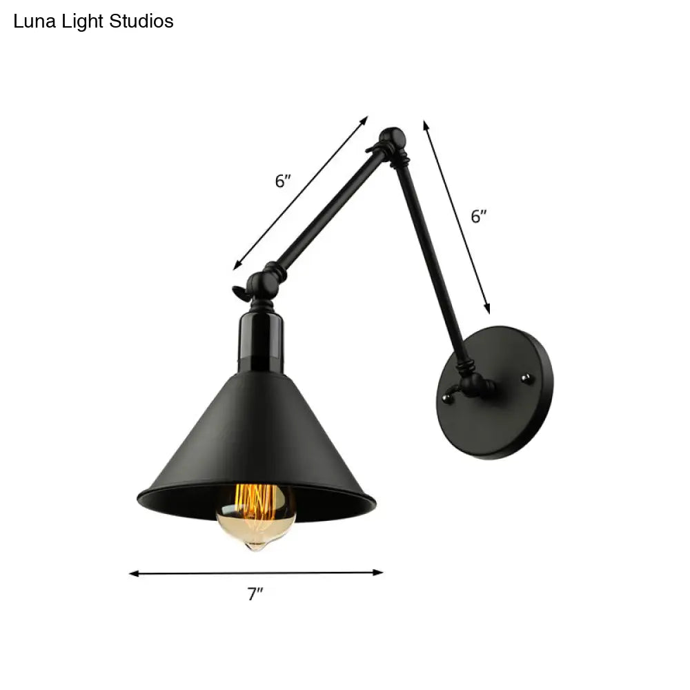 Swing Arm Wall Lamp With Conic Shade Metallic Loft Style Sconce Lighting In Black/White