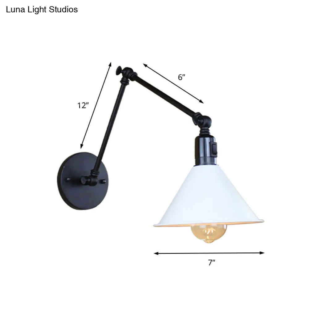 Swing Arm Wall Lamp With Conic Shade Metallic Loft Style Sconce Lighting In Black/White