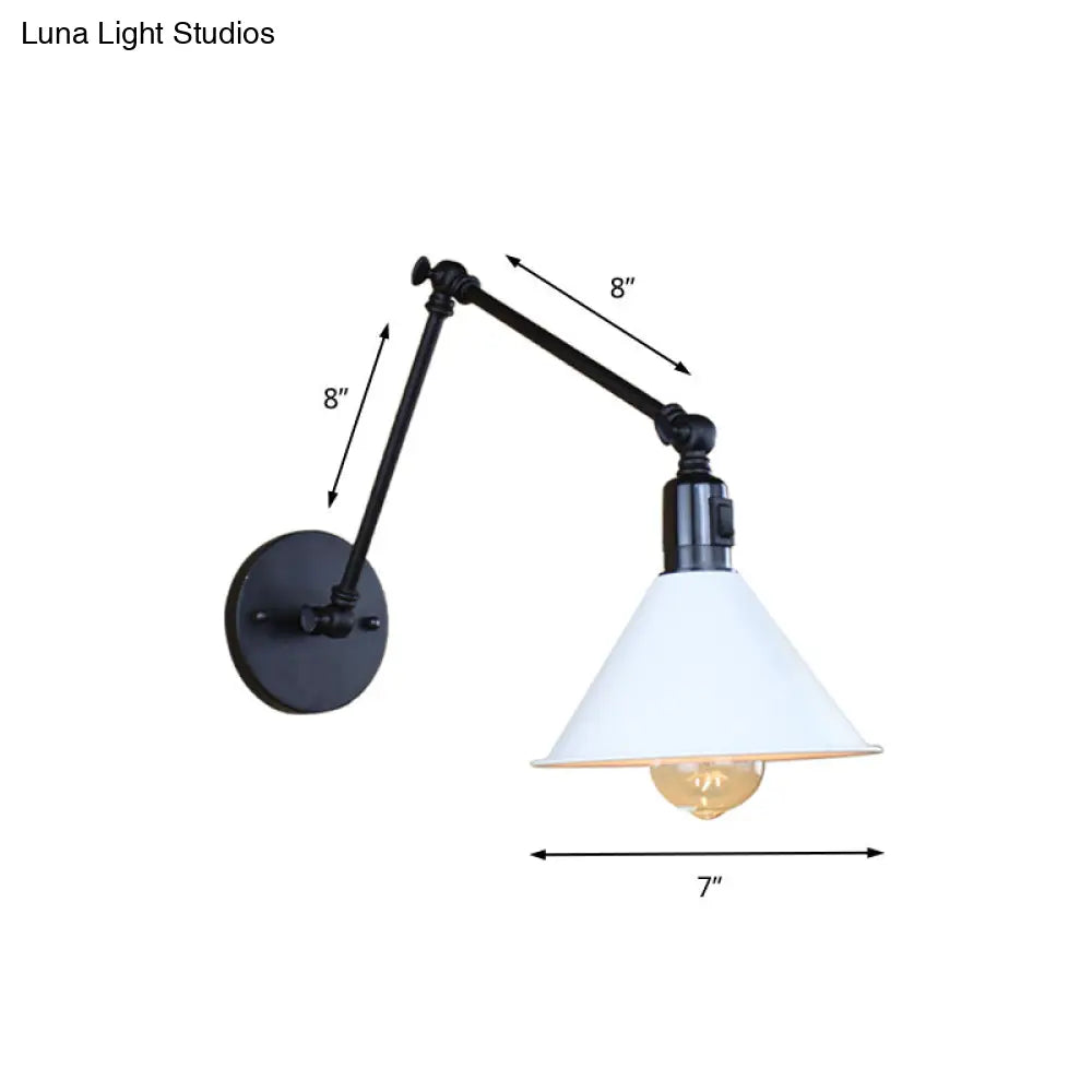 Swing Arm Wall Lamp With Conic Shade Metallic Loft Style Sconce Lighting In Black/White