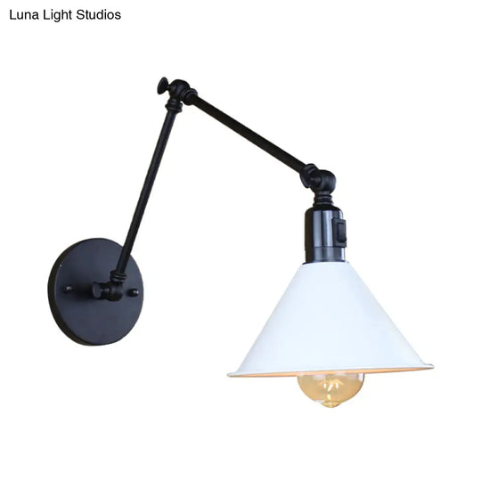 Swing Arm Wall Lamp With Conic Shade Metallic Loft Style Sconce Lighting In Black/White