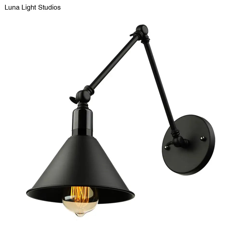 Swing Arm Wall Lamp With Conic Shade Metallic Loft Style Sconce Lighting In Black/White