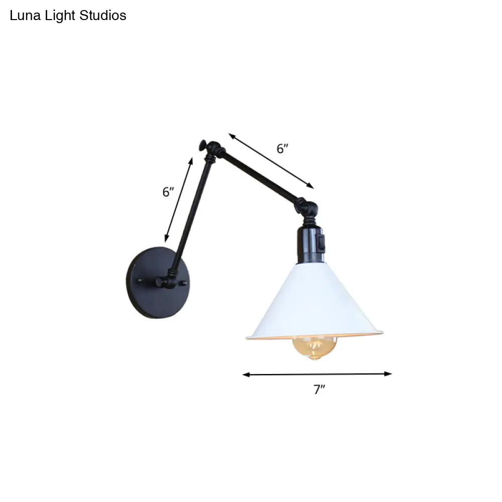 Swing Arm Wall Lamp With Conic Shade Metallic Loft Style Sconce Lighting In Black/White