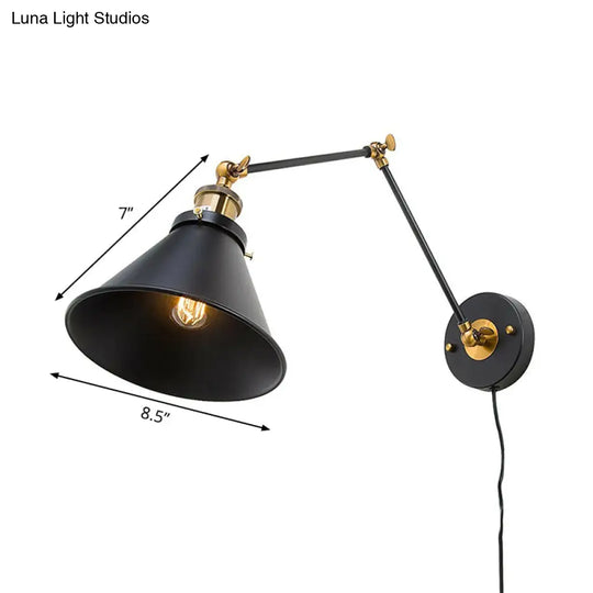 Swing Arm Wall Lamp With Iron Black Finish And Industrial Style - Roll-Edge Conical Shade Single