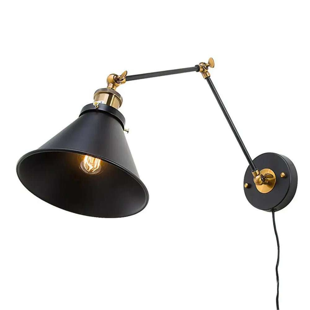 Swing Arm Wall Lamp With Iron Black Finish And Industrial Style - Roll-Edge Conical Shade Single