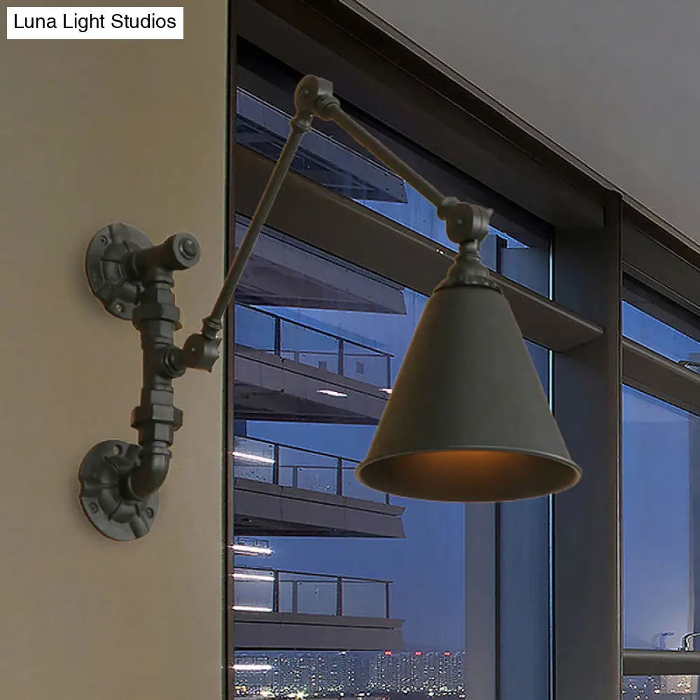 Swing Arm Wall Sconce Light - Industrial Metal Lamp With Conical Shade In Black For Study Room