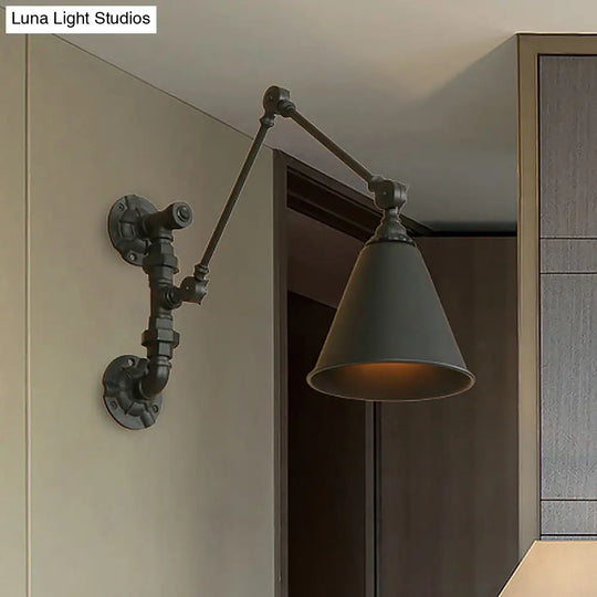 Swing Arm Wall Sconce Light - Industrial Metal Lamp With Conical Shade In Black For Study Room