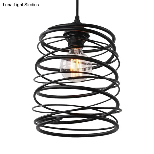 Black Metal Swirl Shade Pendant Light Fixture: Industrial Style With Ribbon Design - 1 Bulb Ceiling