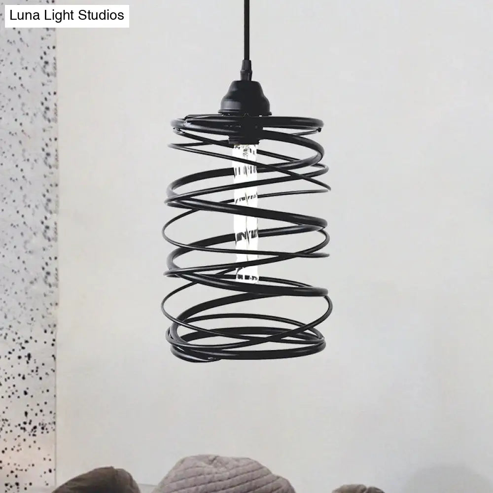 Black Metal Swirl Shade Pendant Light Fixture: Industrial Style With Ribbon Design - 1 Bulb Ceiling