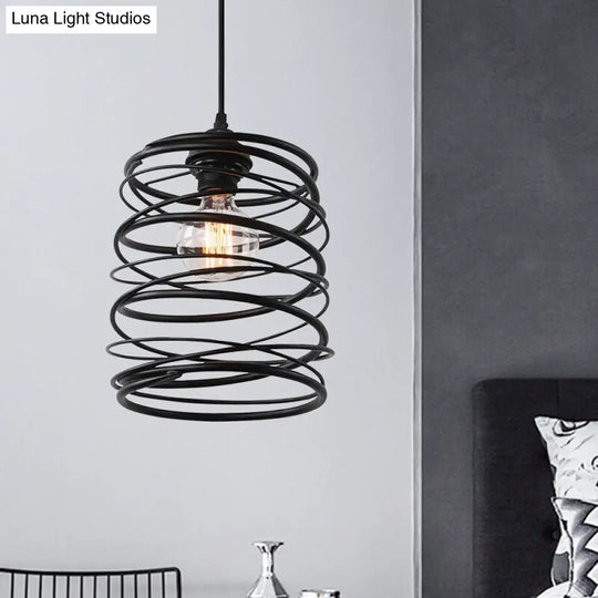 Black Metal Swirl Shade Pendant Light Fixture: Industrial Style With Ribbon Design - 1 Bulb Ceiling