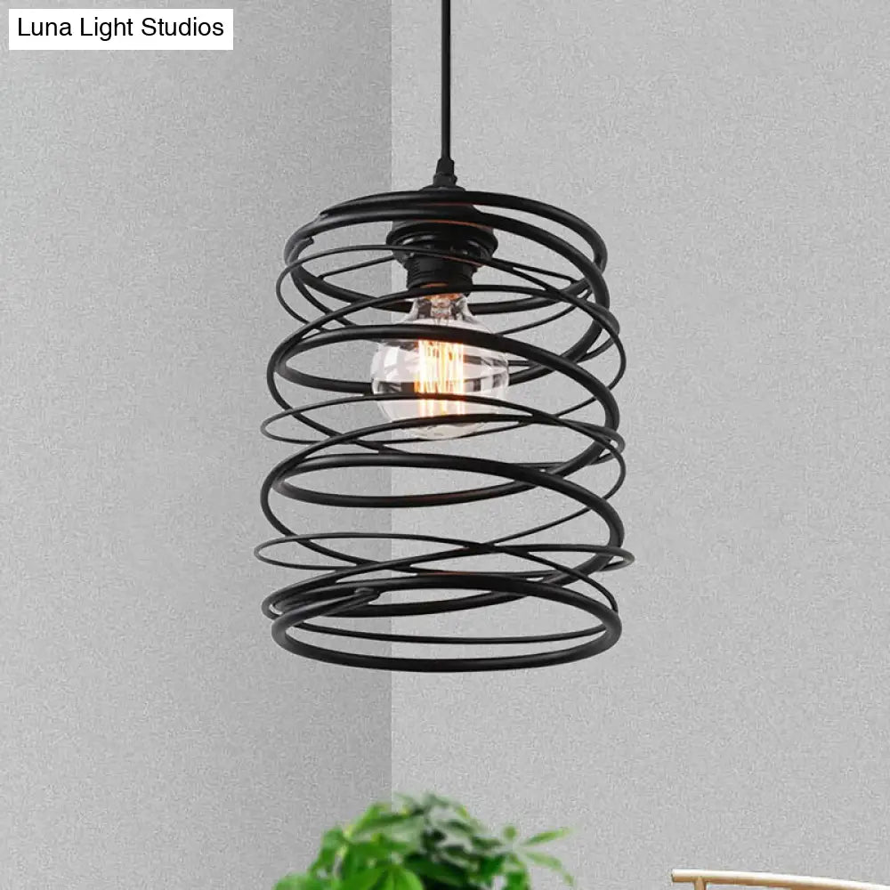 Black Metal Swirl Shade Pendant Light Fixture: Industrial Style With Ribbon Design - 1 Bulb Ceiling