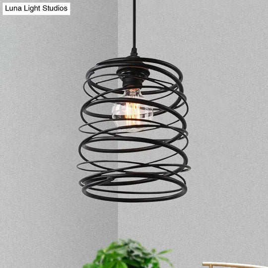 Black Metal Swirl Shade Pendant Light Fixture: Industrial Style With Ribbon Design - 1 Bulb Ceiling