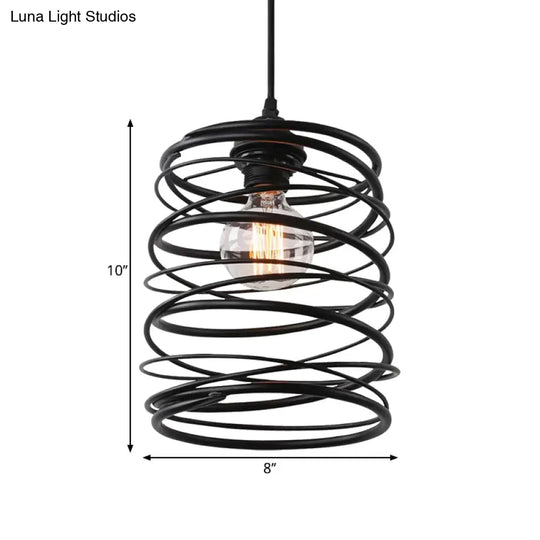 Black Metal Swirl Shade Pendant Light Fixture: Industrial Style With Ribbon Design - 1 Bulb Ceiling