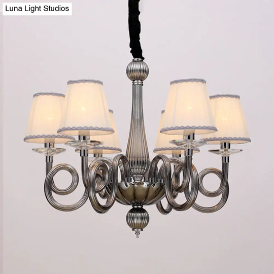 Swirled Arm Ceiling Chandelier - Vintage Design 12 Lights Glass Hanging Lamp With Cone Fabric Shade