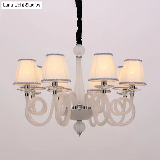 Swirled Arm Ceiling Chandelier - Vintage Design 12 Lights Glass Hanging Lamp With Cone Fabric Shade