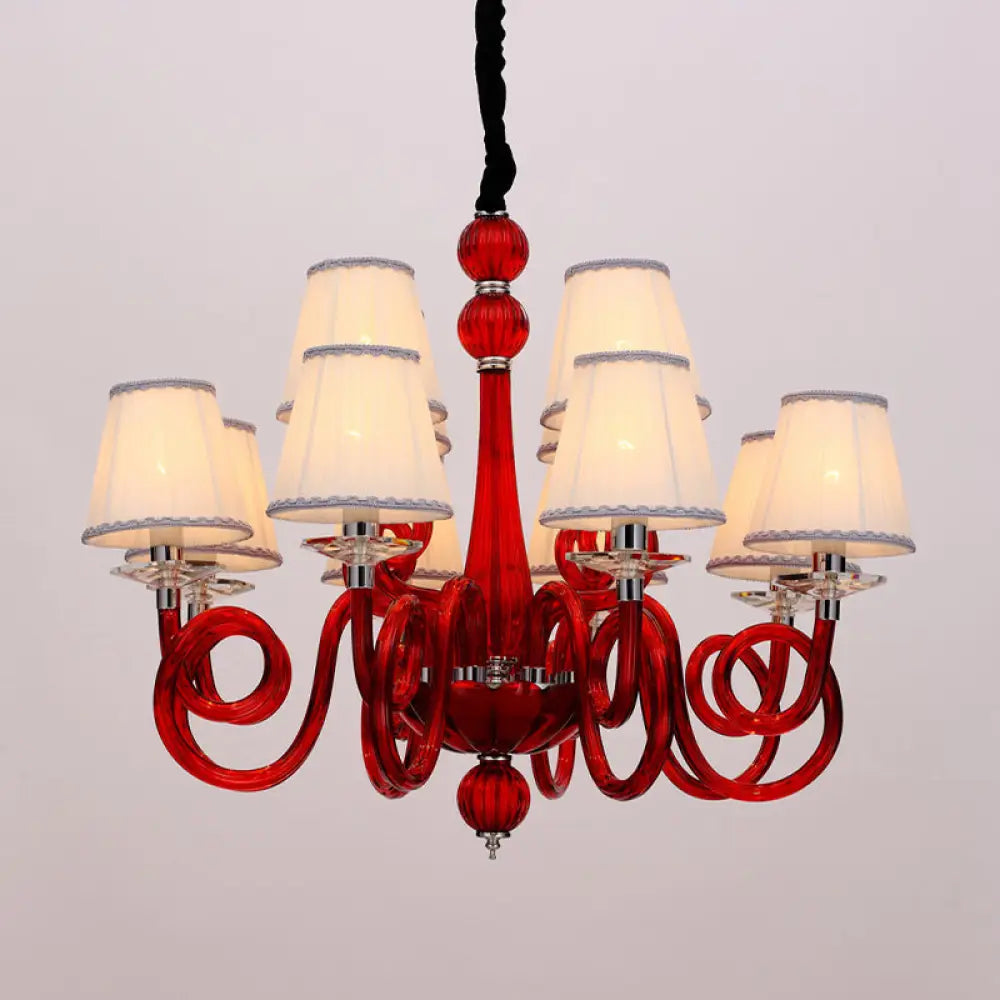 Swirled Arm Ceiling Chandelier - Vintage Design 12 Lights Glass Hanging Lamp With Cone Fabric Shade