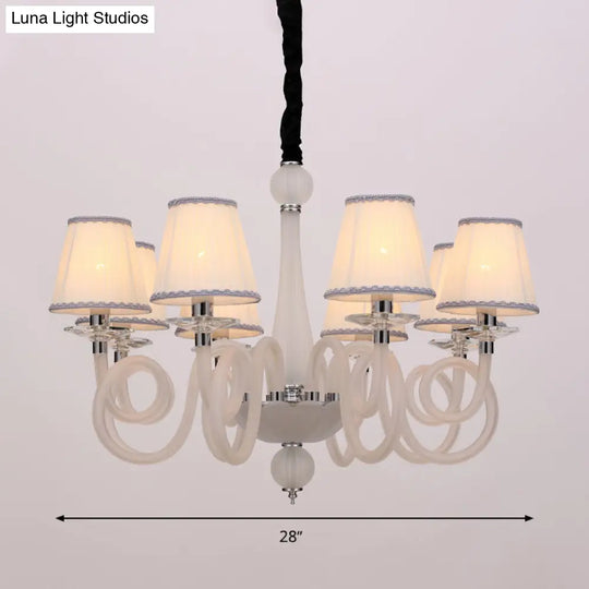 Swirled Arm Ceiling Chandelier - Vintage Design 12 Lights Glass Hanging Lamp With Cone Fabric Shade