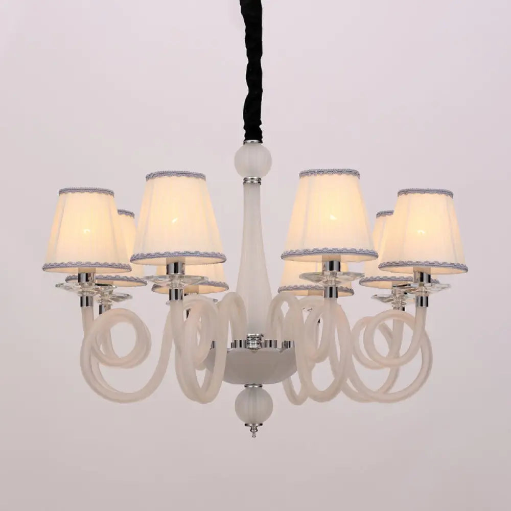 Swirled Arm Ceiling Chandelier - Vintage Design 12 Lights Glass Hanging Lamp With Cone Fabric Shade