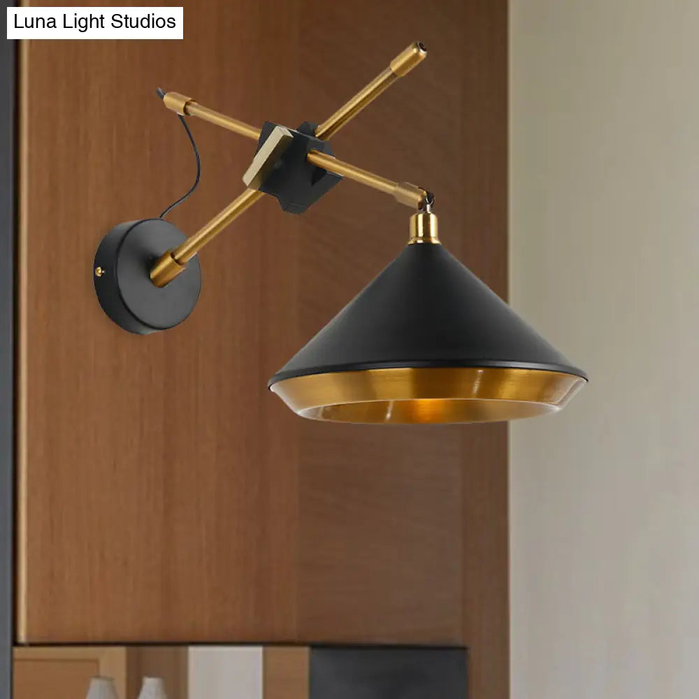 Swivelable Retro Wall Light With Brass Inner - 1 Head Iron Sconce In Black/White