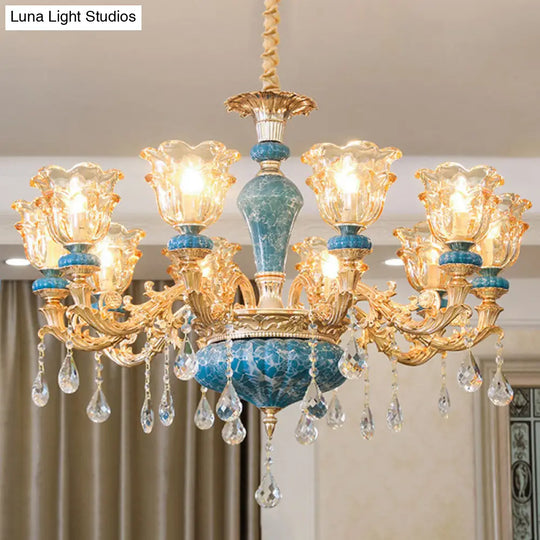 Swooping Arm Pendant Chandelier: Rustic Metal Gold Ceiling Light With Clear Textured Glass Shade