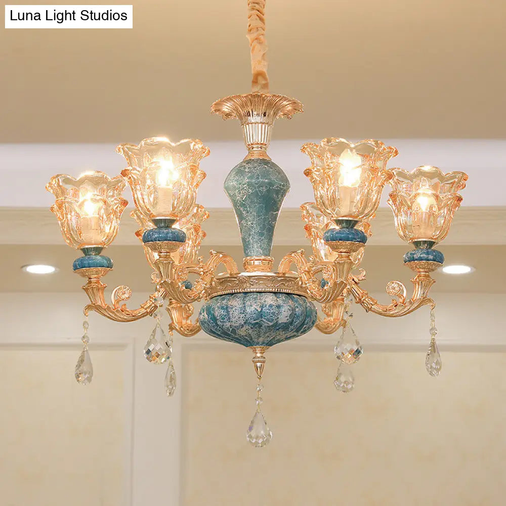 Swooping Arm Pendant Chandelier: Rustic Metal Gold Ceiling Light With Clear Textured Glass Shade