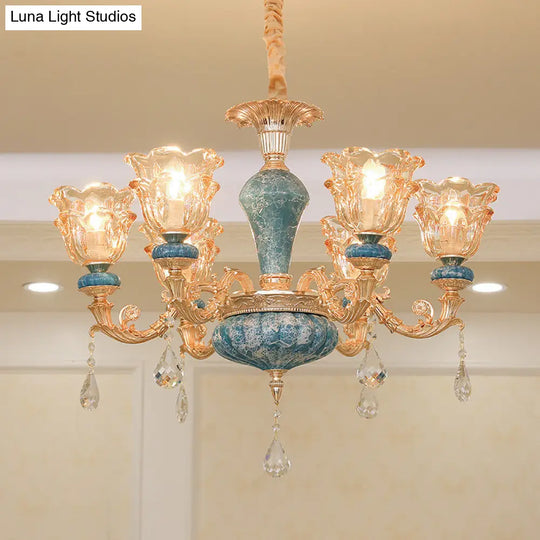 Swooping Arm Pendant Chandelier: Rustic Metal Gold Ceiling Light With Clear Textured Glass Shade