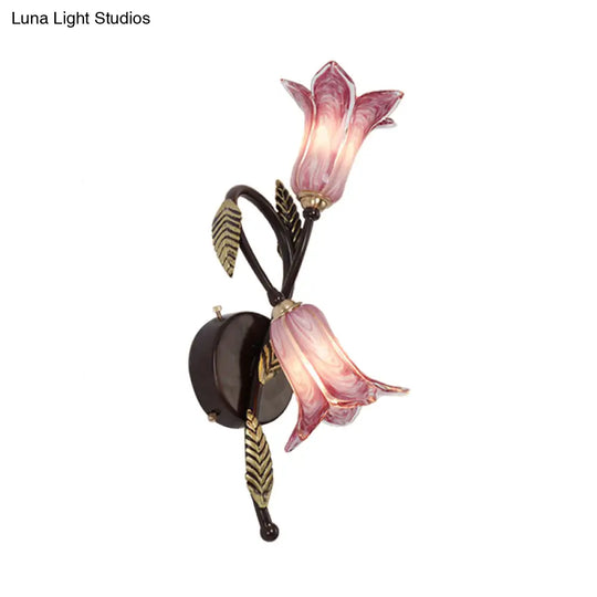 Swooping Arm White/Purple Glass Wall Lamp - Countryside 2-Light Bedroom Sconce In Black/Gold