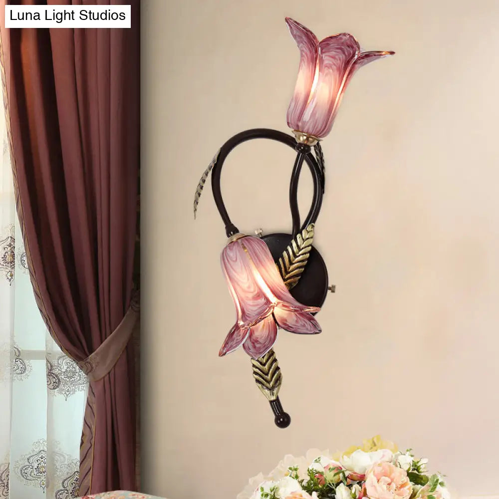 Swooping Arm White/Purple Glass Wall Lamp - Countryside 2-Light Bedroom Sconce In Black/Gold