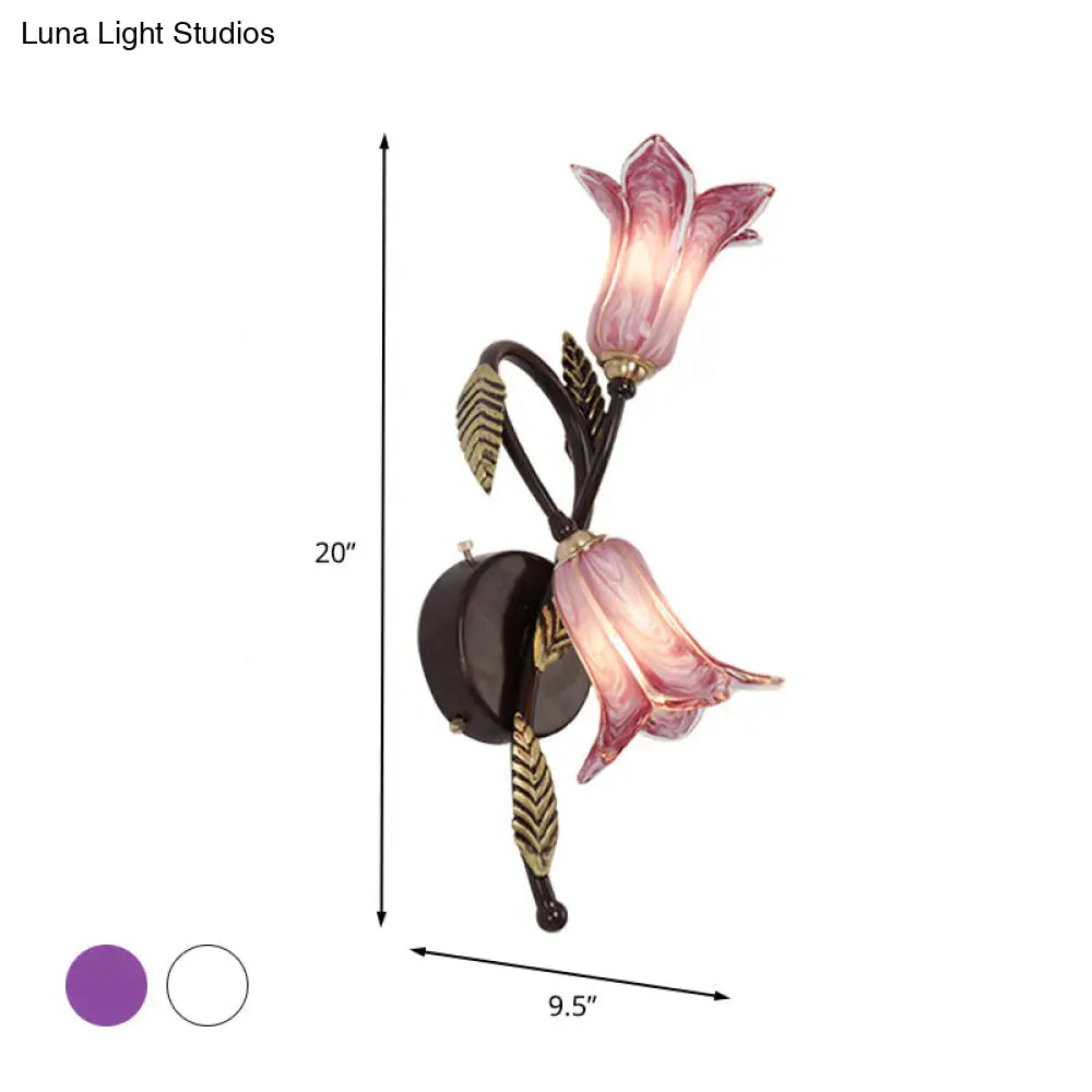 Swooping Arm White/Purple Glass Wall Lamp - Countryside 2-Light Bedroom Sconce In Black/Gold