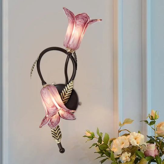 Swooping Arm White/Purple Glass Wall Lamp - Countryside 2-Light Bedroom Sconce In Black/Gold Black /